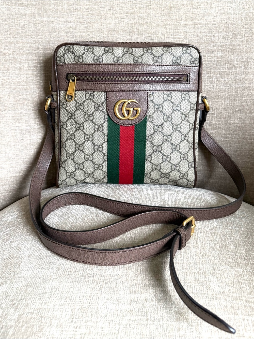 Authentic GUCCI GG Supreme Monogram Web Ophidia Messenger Bag Brown unisex